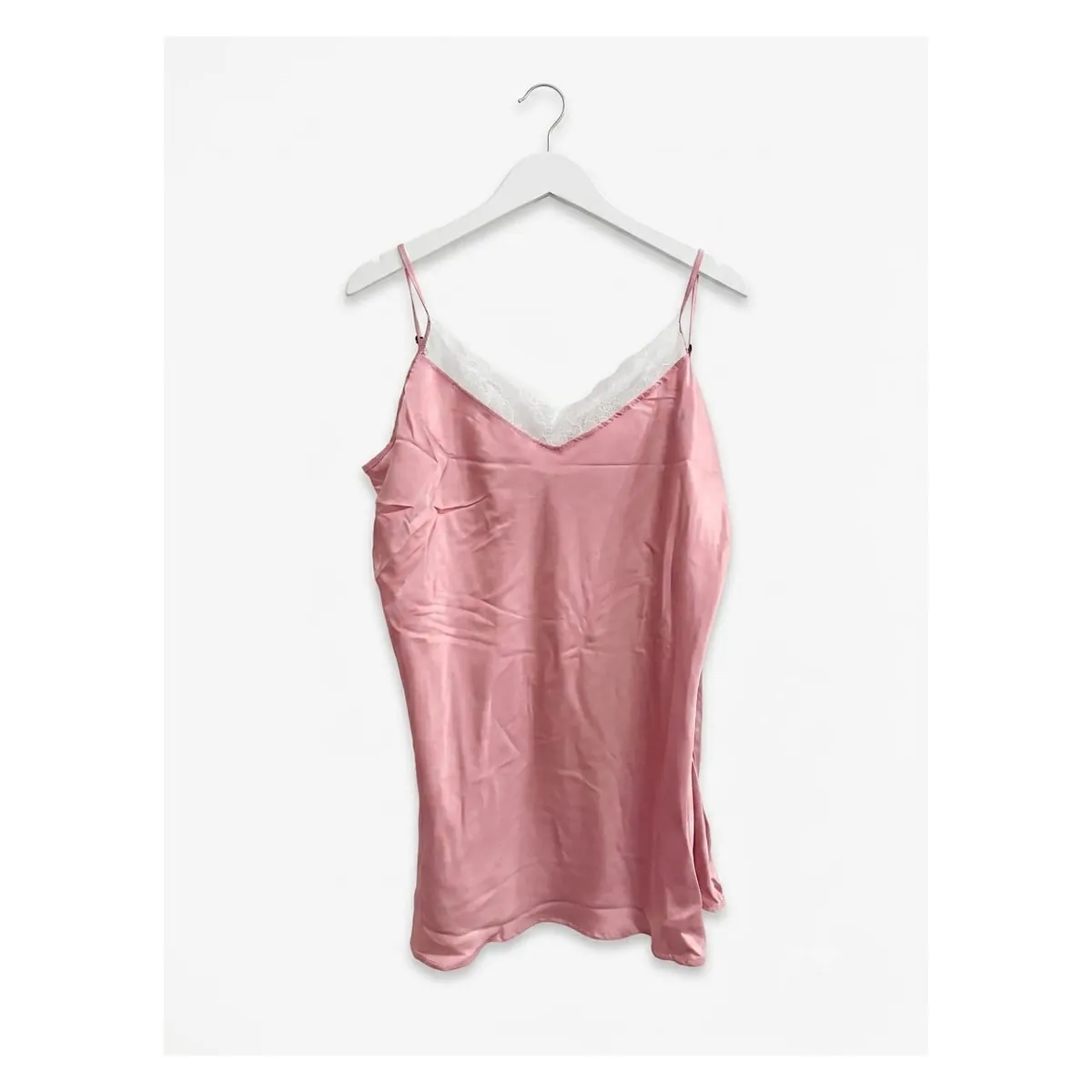 Pink Plain Satin Chemise - White Lace