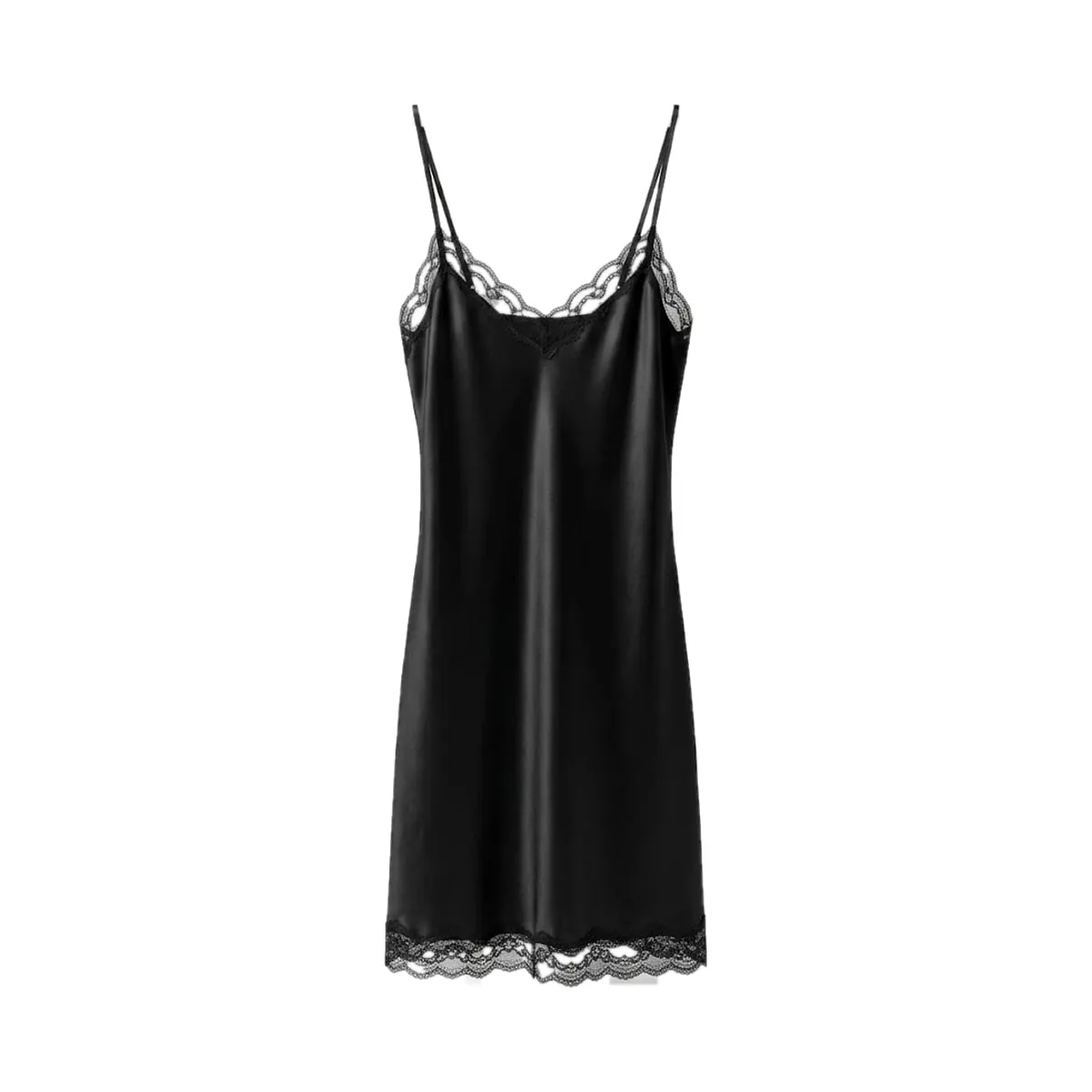 Black Plain Satin Chemise - Black Lace