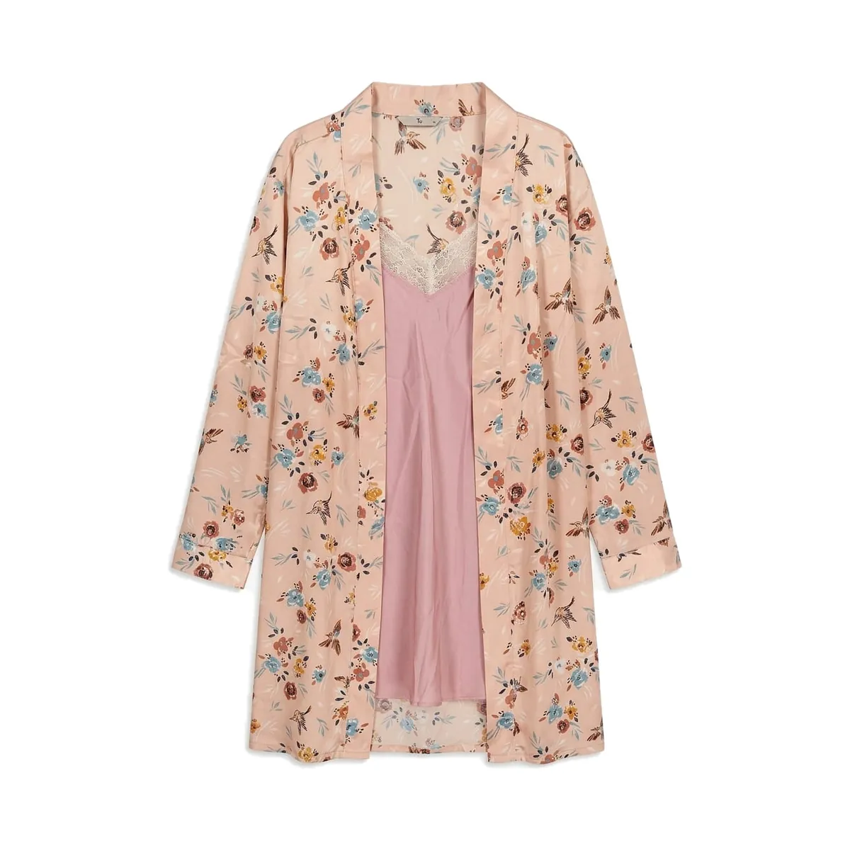 Beige Floral Printed Robe & Pink Satin Chemise Set
