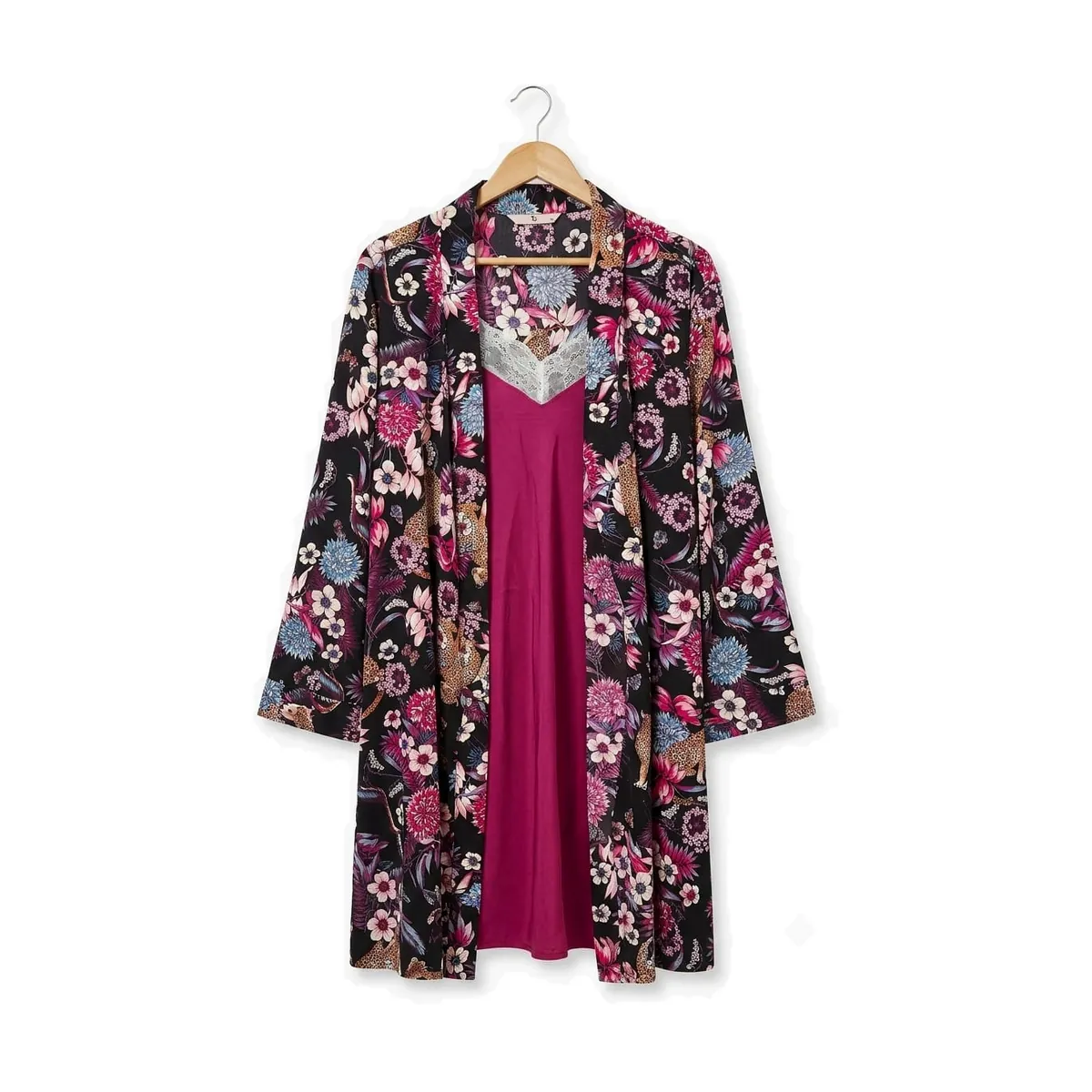 Black Floral Printed Robe & Red Satin Chemise Set