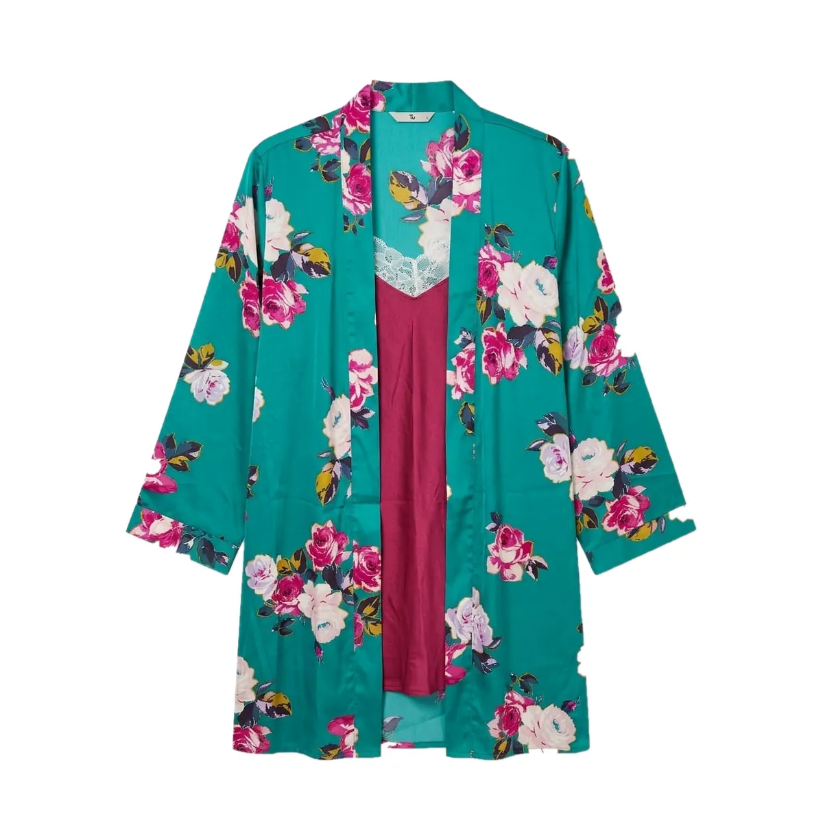 Teal Floral Printed Robe & Burgundy Satin Chemise Set