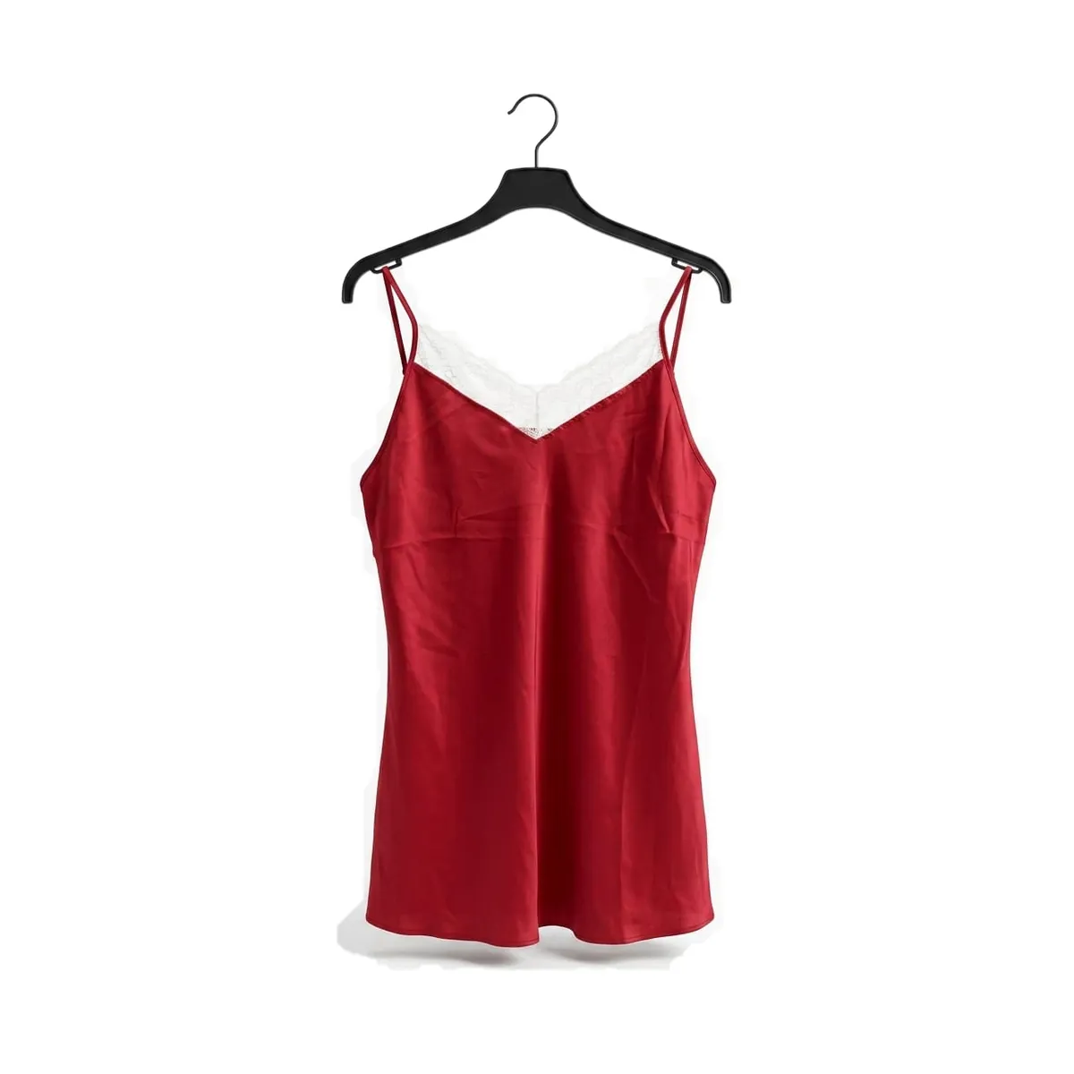 Burgundy/Red Plain Satin Chemise - White Lace