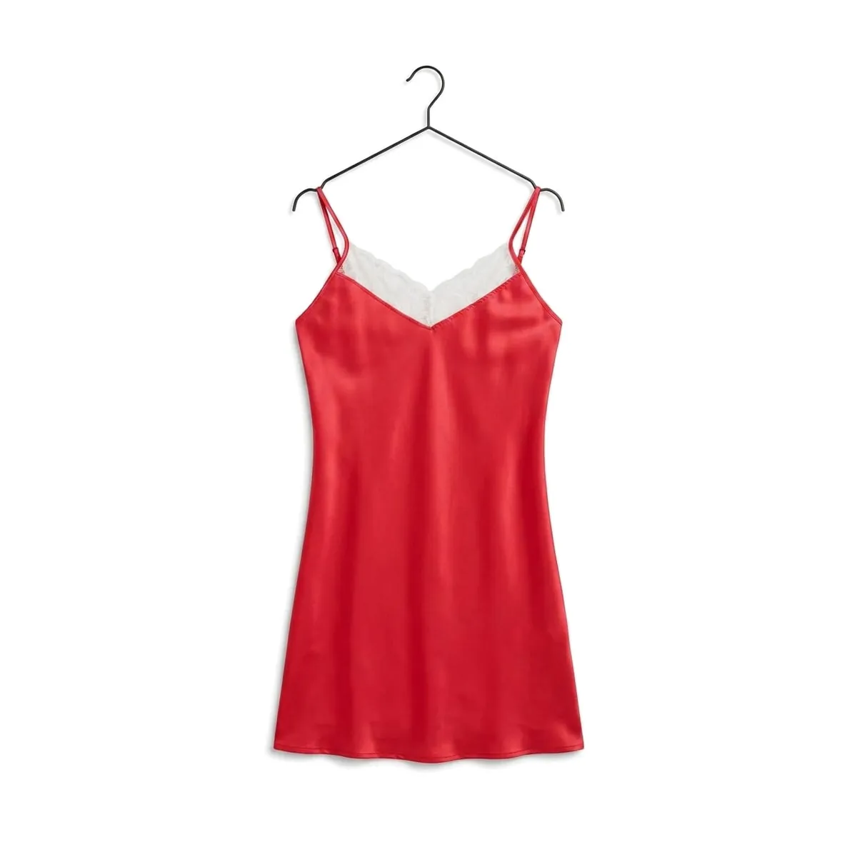 Bright Red Plain Satin Chemise - White Lace