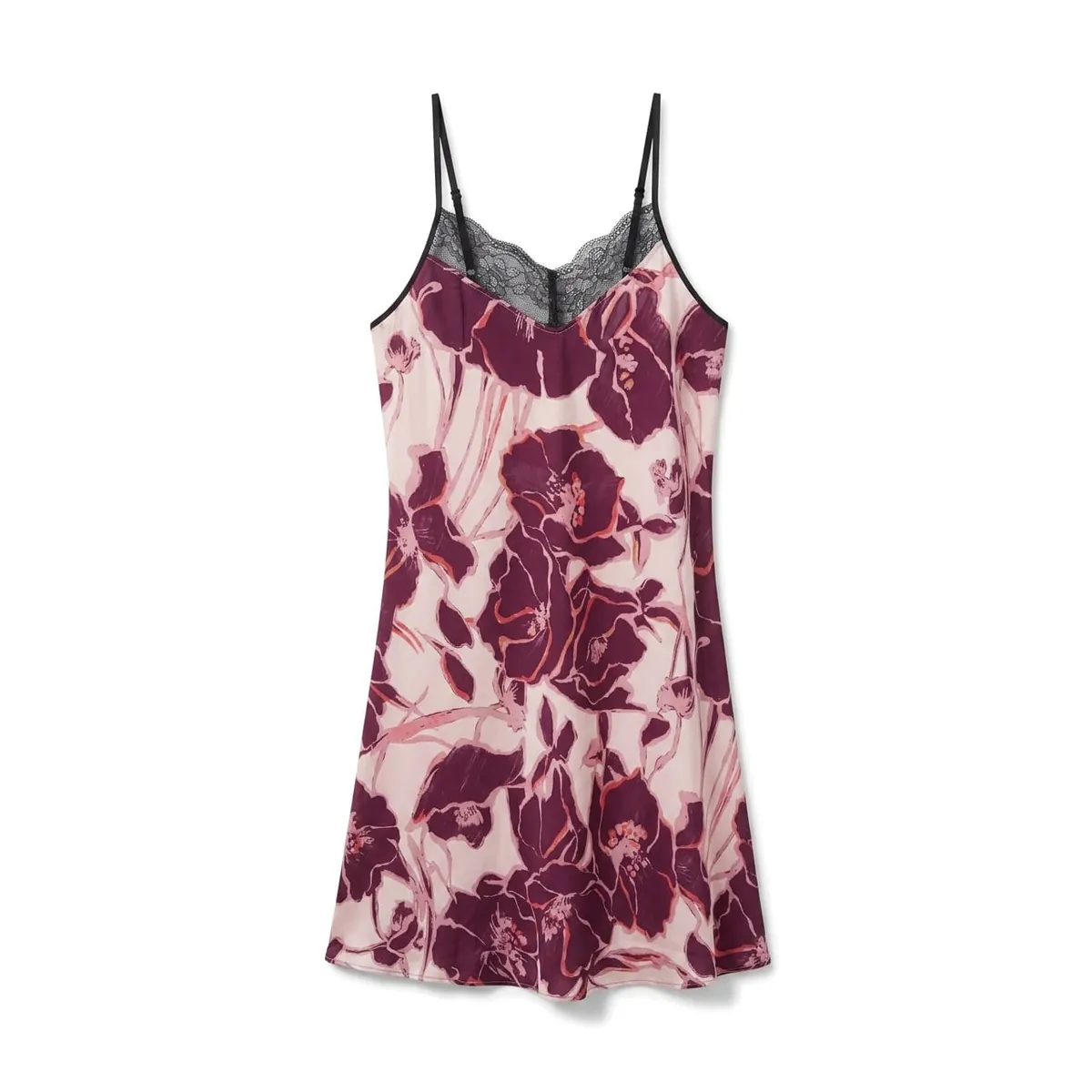 Burgundy Floral Printed Chemise - Black Lace