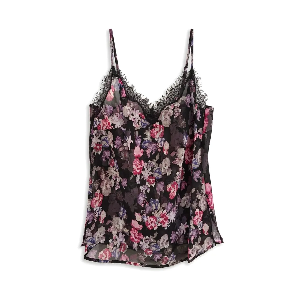 Dark Multicolor Floral Printed Chemise - Black Lace